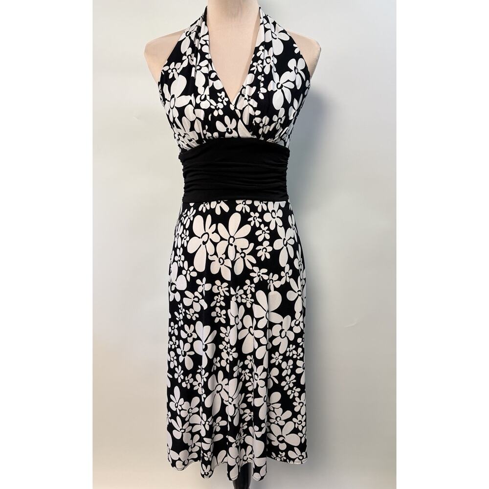 Y2K Babydoll Dress Midi Mod Black White Sz 4 Sundress Halter Daisies Groovy